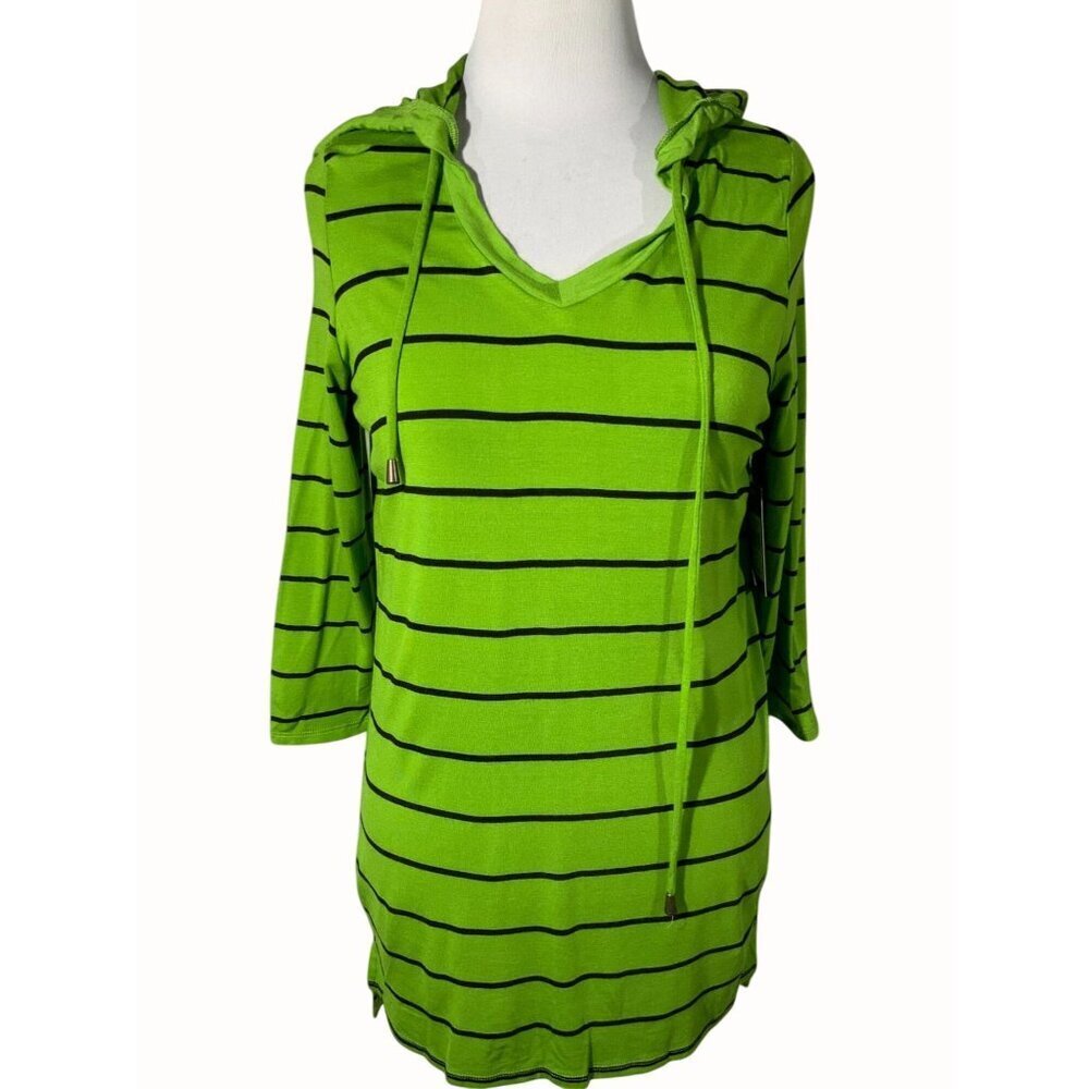 Strazzi Womens Green Black Striped Hoodie Quarter Sleeves Pullover NEW Medium